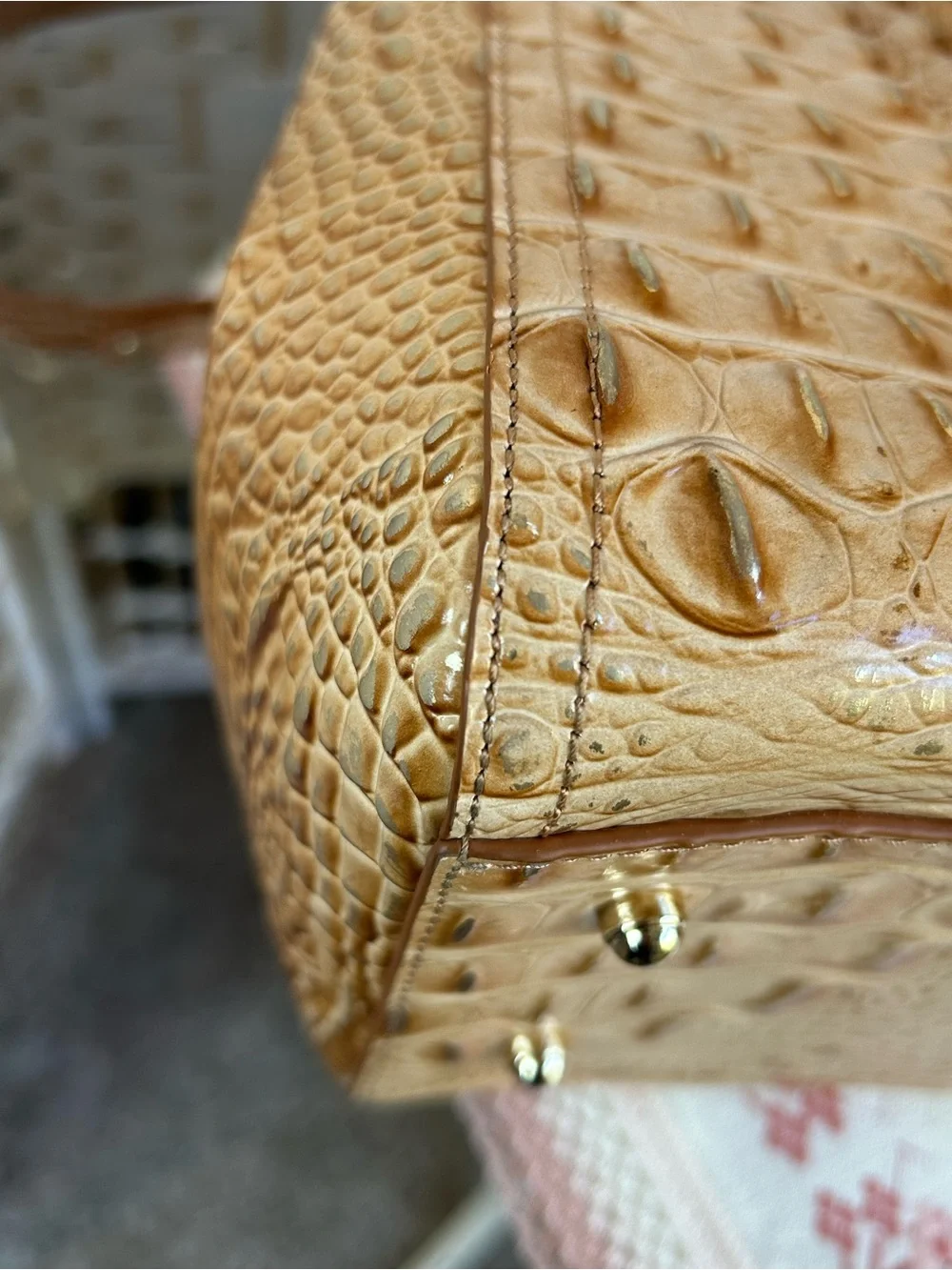 BRAHMIN FINLEY Driftwood Tan Metallic Croc-Embossed Satchel Tote Bag Office